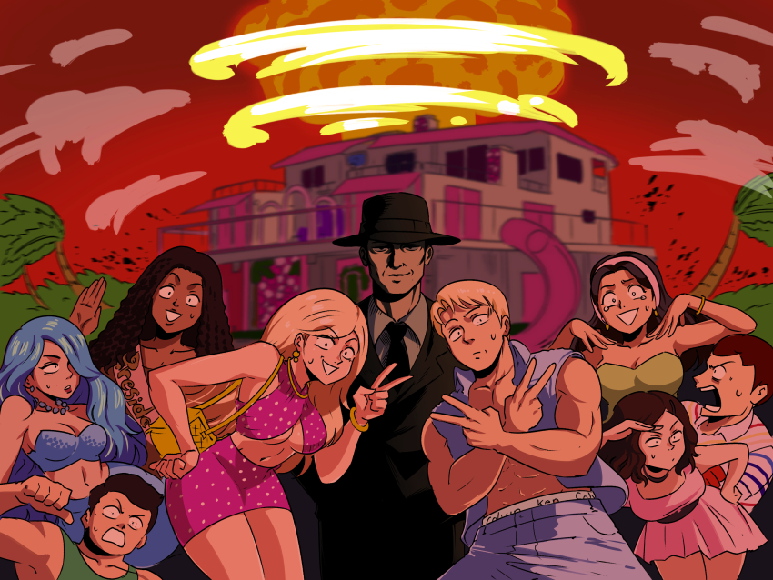 4boys 4girls abs absurdres bag bandeau barbenheimer_(meme) barbie_(character) barbie_(franchise) barbie_(live_action) bare_shoulders black_hair black_headwear black_necktie blonde_hair blue_hair blue_pants blue_vest brown_hair character_request collared_shirt cowboy_shot crying dark-skinned_female dark_skin double_v dress explosion green_tank_top grey_shirt hairband hand_on_own_hip highres house jewelry julius_robert_oppenheimer ken_(barbie) leaf looking_at_viewer meme mermaid_barbie_(live_action) midriff multiple_boys multiple_girls mushroom_cloud navel necklace necktie nuclear_explosion oppenheimer_(movie) outdoors pants physicist_barbie_(live_action) pink_dress pink_hairband president_barbie_(live_action) profile red_sky shirt shoulder_bag sky smirk stereotypical_barbie_(live_action) surprised sweatdrop tank_top tears tina_fate tree v vest wind yellow_bag
