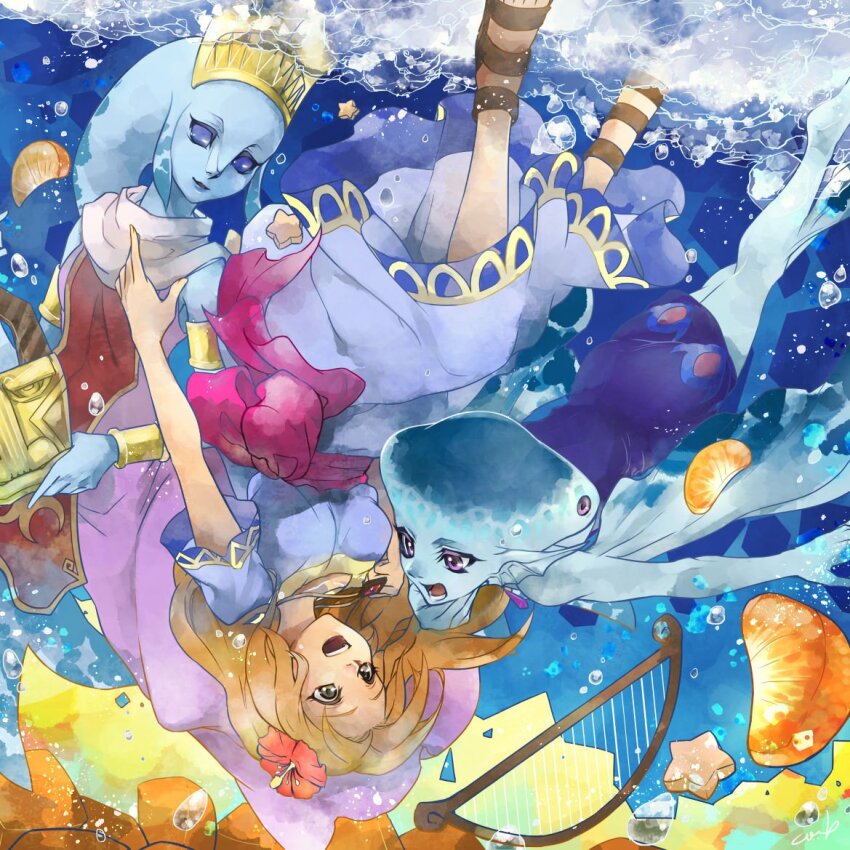 3girls arm_at_side armlet artist_name barefoot blank_eyes blonde_hair blue_background blue_dress blue_eyes blue_skin bracer breasts brown_eyes brown_footwear bubble colored_skin dress earrings eye_contact female_focus fins fish_girl flower food fruit full_body furry furry_female gem gold hair_flower hair_ornament hand_up happy harp head_fins headpiece hibiscus holding in-franchise_crossover instrument jewelry kandori_makoto laruto legs long_dress long_hair looking_at_another mandarin_orange marin_(zelda) multiple_girls necklace nintendo open_mouth orange_(fruit) orange_slice pink_ribbon pointy_ears princess_ruto purple_dress purple_eyes red_flower red_gemstone ribbon sandals sash scarf short_dress sidelocks signature sleeveless sleeveless_dress small_breasts smile star_(symbol) swimming tabard teeth the_legend_of_zelda the_legend_of_zelda:_link&#039;s_awakening the_legend_of_zelda:_ocarina_of_time the_legend_of_zelda:_the_wind_waker underwater upside-down white_scarf zora