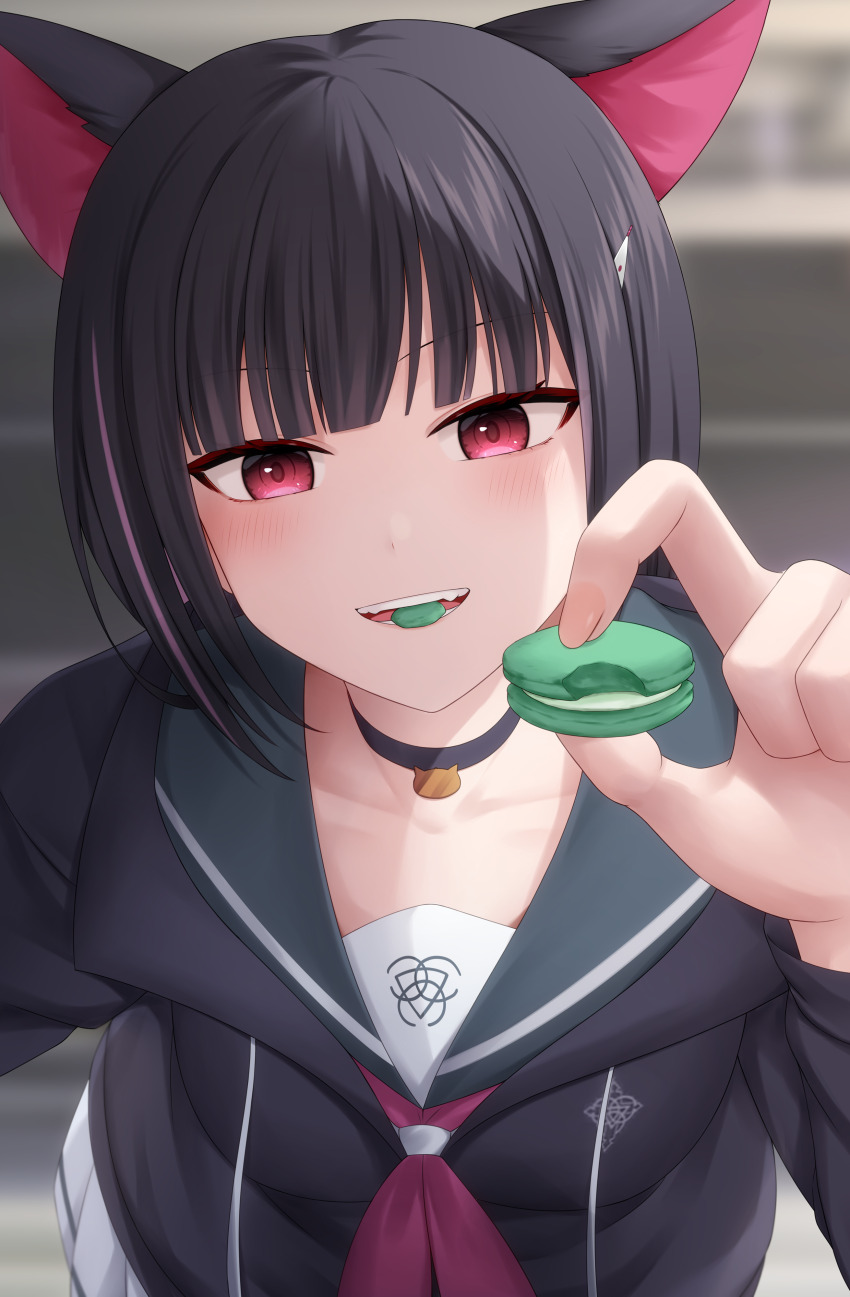 1girl absurdres animal_ears black_choker black_hair black_jacket blue_archive blush cat_ears chien_zero choker colored_inner_hair food hair_ornament hairclip highres holding holding_food hood hood_down hooded_jacket jacket kazusa_(blue_archive) long_sleeves looking_at_viewer macaron multicolored_hair open_mouth pink_hair pleated_skirt red_eyes revision short_hair skirt smile solo white_skirt
