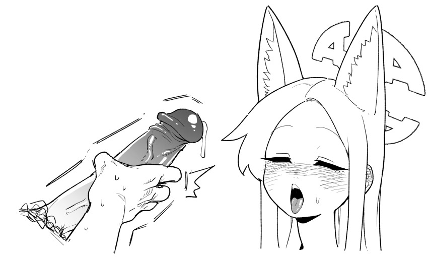 1boy 1girl animal_ear_fluff animal_ears asahina_yoshitoshi blue_archive blush closed_eyes ear_blush erection extra_ears fox_ears greyscale halo highres loli long_hair male_masturbation masturbation monochrome open_mouth penis precum seia_(blue_archive) simple_background solo_focus tongue tongue_out uncensored white_background