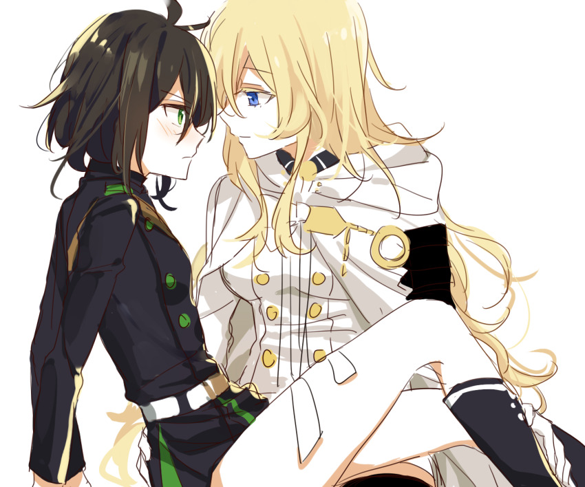 2girls black_hair blonde_hair blue_eyes blush buttons closed_mouth genderswap genderswap_(mtf) green_eyes hyakuya_mikaela hyakuya_yuuichirou long_hair looking_at_another multiple_girls owari_no_seraph short_hair yuri zgxuke