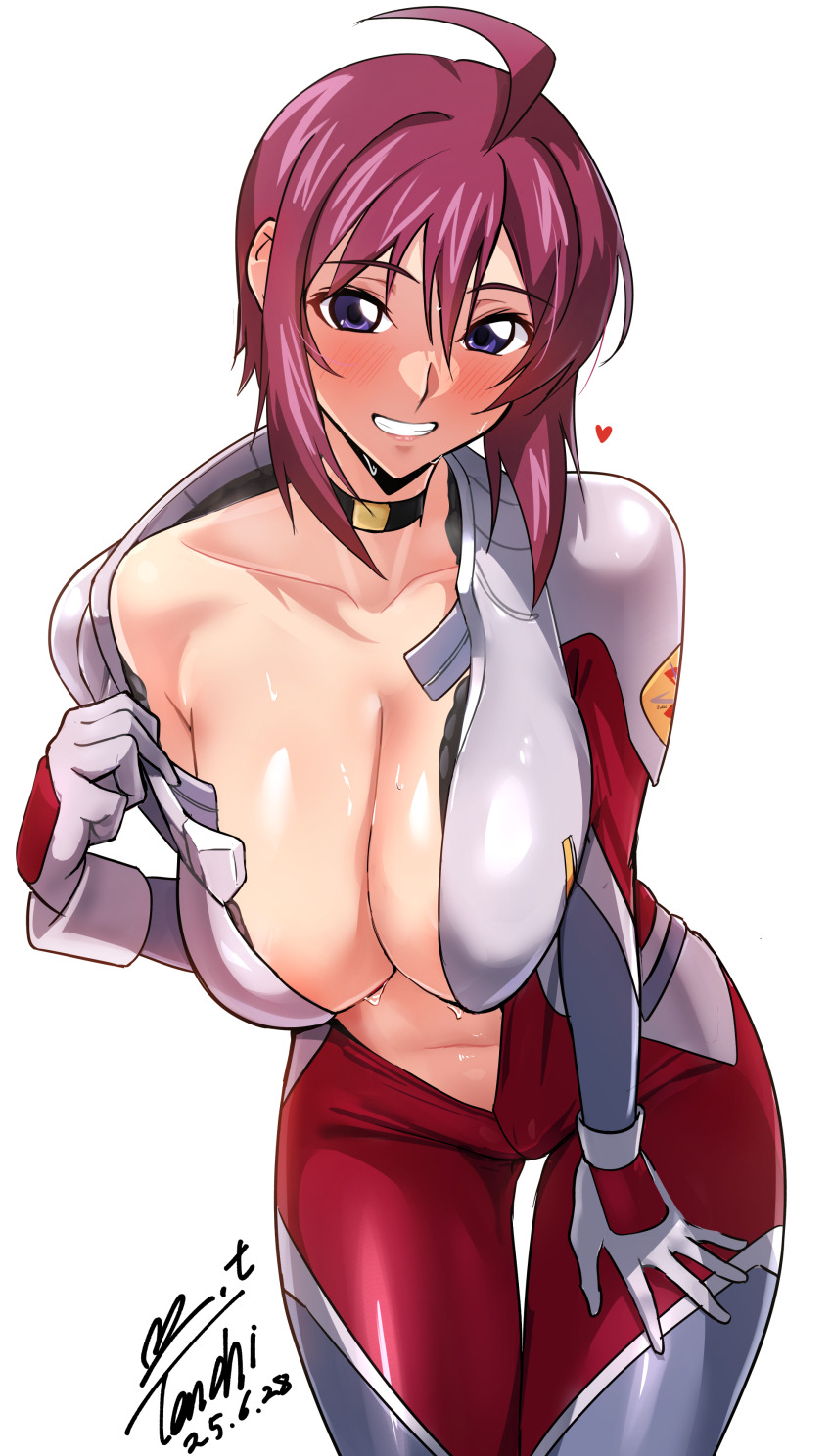 1girl absurdres black_choker blush bodysuit breasts choker cleavage collarbone commentary_request dated grey_bodysuit gundam gundam_seed gundam_seed_destiny highres large_breasts leaning_forward looking_at_viewer lunamaria_hawke mecha_pilot_suit multicolored_bodysuit navel open_bodysuit open_clothes purple_eyes red_bodysuit red_hair short_hair signature simple_background smile solo stomach sweat white_background yoo_tenchi