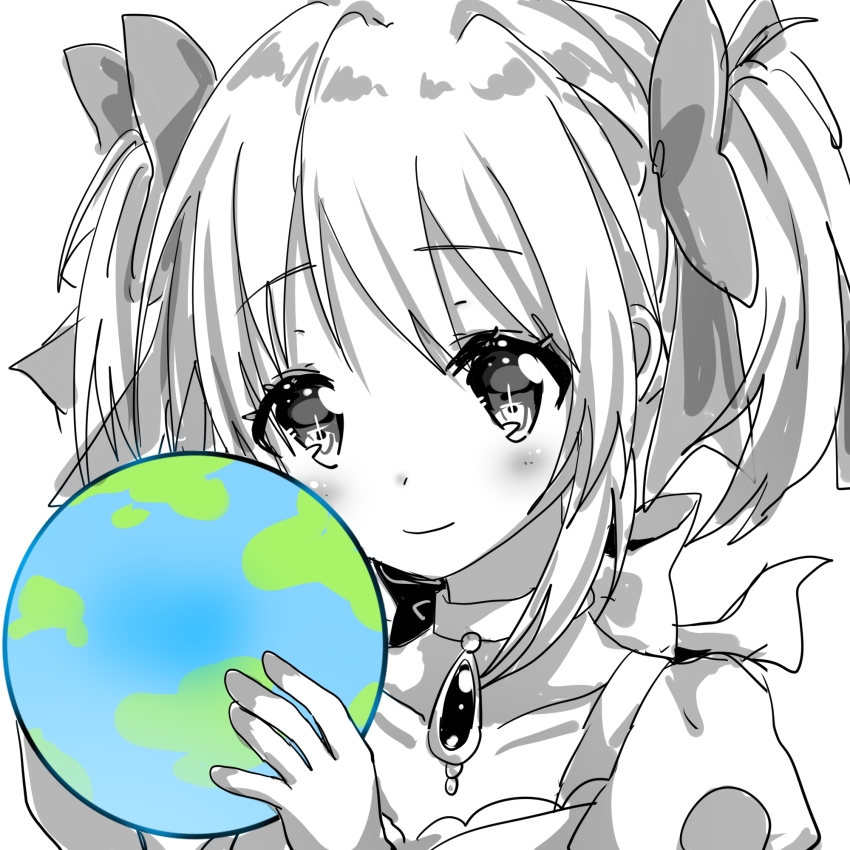+_+ 1girl bow bow_choker chest_jewel chinese_commentary choker closed_mouth collarbone commentary_request dot_nose dress earth_(planet) frilled_dress frills gloves greyscale hair_bow happy highres holding_planet kaname_madoka kaname_madoka_(magical_girl) light_blush looking_at_viewer magical_girl mahou_shoujo_madoka_magica mahou_shoujo_madoka_magica_(anime) monochrome planet puffy_short_sleeves puffy_sleeves sakuya_no_aotori short_hair short_sleeves short_twintails simple_background smile solo sparkling_eyes spot_color square_neckline twintails upper_body white_background