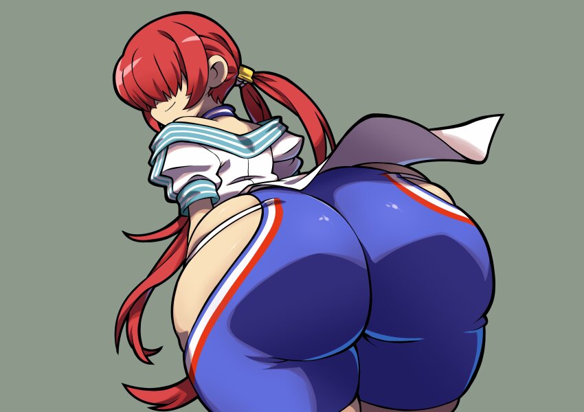 1girl ass clothing_cutout female_focus from_behind huge_ass long_hair looking_at_viewer looking_back niyuyu niyuyu00 pants ponytail red_hair shermie_(kof) skirt smile smiley_face the_king_of_fighters thick_thighs thighs tight_clothes tight_pants twintails