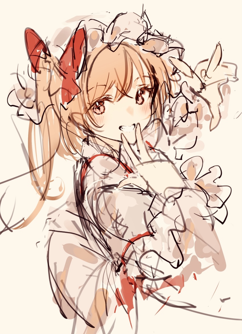 1girl arm_up blonde_hair blush bow flandre_scarlet frilled_hat frills hair_bow hand_up hat highres looking_at_viewer medium_hair mob_cap po_(anhk5528) red_bow ribbon side_ponytail simple_background smile solo touhou v v_over_mouth white_background white_hat yellow_ribbon