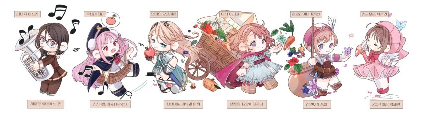 6+girls ani_inako atelier_(series) black_cape black_hat blue_dress blue_eyes boots bow brown_boots brown_hair brown_shirt brown_skirt bug butterfly cape cardcaptor_sakura carriage carrot chibi chibi_only chili_pepper closed_eyes closed_mouth crossover dame_x_prince dress eiyuu_densetsu elaine_auclair euphonium flower food fruit gloves hat heaven_burns_red hibike!_euphonium highres holding holding_food holding_fruit insect instrument jaeyeon_1 kinomoto_sakura korean_text kunimi_tama kuro_no_kiseki_(series) multiple_girls mushroom music musical_note open_mouth outstretched_arms pink_cape pink_dress pink_hat plaid_clothes plaid_skirt playing_instrument pumpkin red_bow red_eyes rorolina_frixell semi-rimless_eyewear shirt simple_background skirt socks spread_arms tanaka_asuka translation_request white_background white_socks white_wings wings