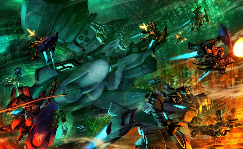 absurdres artist_request blue_fire blue_light cave cave_interior fire firing flying gun highres holding holding_gun holding_shield holding_sword holding_weapon mecha mecha_focus missing_limb motion_lines muv-luv muv-luv:_dimensions muv-luv_alternative no_humans official_art robot shield speed_lines sword tactical_surface_fighter type_94_shiranui united_nations weapon xg-70d_susanoo_iv