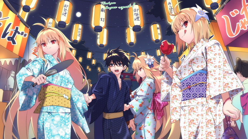 1boy 3girls arcueid_brunestud arm_hug assertive_female black_hair blonde_hair breasts candy_apple festival food glasses highres japanese_clothes kimono large_breasts legs licking_lips long_hair looking_at_viewer medium_breasts melty_blood multiple_girls one_eye_closed open_mouth red_eyes short_hair sideboob teeth thighs tohno_shiki tongue tongue_out tsukihime very_long_hair wink