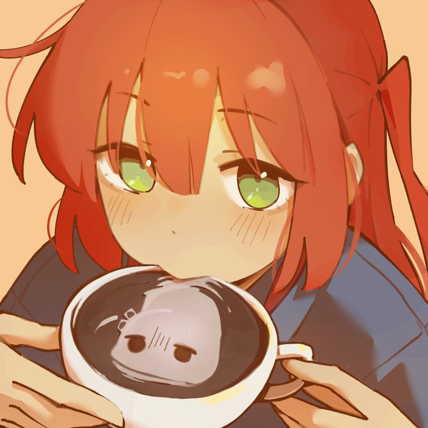 1girl absurdres black_shirt bocchi_the_rock! coffee coffee_mug commentary cup drink gotoh_hitori gotoh_hitori_(tsuchinoko) green_eyes highres holding holding_cup kita_ikuyo latte_art long_hair looking_at_viewer machuuu68 mug one_side_up red_hair shirt simple_background symbol-only_commentary