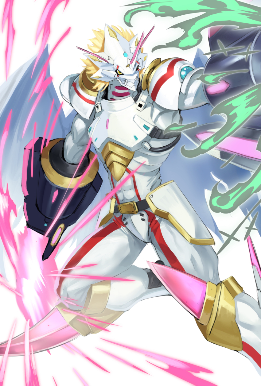 1boy abs arm_blade arm_cannon armor attack bakeneko38 blonde_hair digimon digimon_ghost_game dragon energy_gun energy_sword firing highres horns short_hair shoulder_armor simple_background siriusmon slashing spikes sword torn_wings weapon white_background wings yellow_eyes
