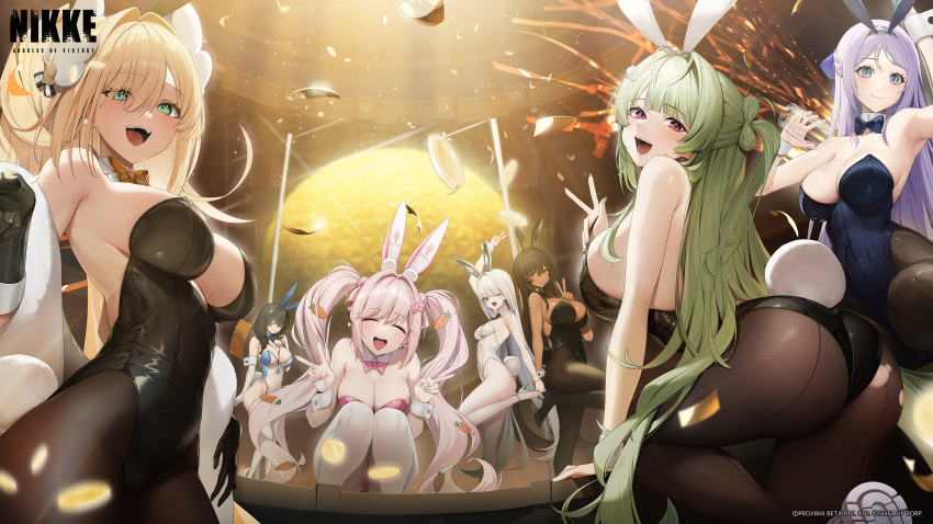 absurdres alice_(nikke) alice_(wonderland_bunny)_(nikke) animal_ears ass back black_leotard blanc_(nikke) blonde_hair breasts detached_collar fake_animal_ears folkwang_(moist_rabbit)_(nikke) folkwang_(nikke) from_behind goddess_of_victory:_nikke green_eyes green_hair highres huge_ass leotard long_hair looking_at_viewer looking_back maid_headdress mary_(medical_rabbit)_(nikke) mary_(nikke) multiple_girls noir_(nikke) official_alternate_costume official_art open_mouth pantyhose playboy_bunny rabbit_ears rupee_(nikke) rupee_(rabbit_deluxe)_(nikke) soda_(nikke) soda_(twinkling_bunny)_(nikke) strapless strapless_leotard