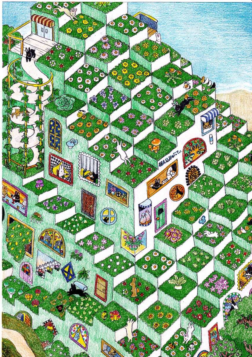 beach bird black_rabbit_(animal) colored_pencil_(medium) cubism daikon dawowowow door flower from_above grass highres landscape lettuce mushroom nature no_humans ocean original outdoors painting_(object) pen_(medium) pink_flower plant purple_flower radish red_flower seaside spiral_staircase stairs traditional_media tree vines white_flower white_rabbit_(animal) window window_blinds yellow_flower