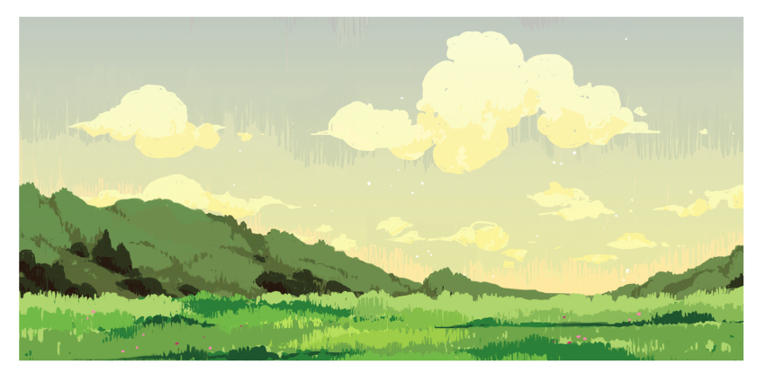 analogous_colors border cloud cloudy_sky commentary day english_commentary field flower forest gradient_sky grass green_theme grey_sky highres hill horizon landscape morning mountainous_horizon nature no_humans original outdoors pink_flower plant scenery shadow sketch sky star_(sky) tree victoria_joh white_border yellow_clouds yellow_sky