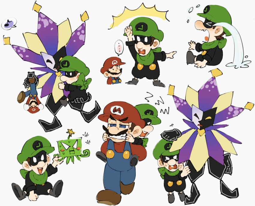3boys baby_luigi blue_overalls brown_hair clown clown_boy dimentio facial_hair full_body gloves hat highres jester jester_boy luigi male_focus mario mario_(series) mask mimimi_(mimimim9999) mr._l multiple_boys multiple_persona mustache nintendo overalls paper_mario shirt short_hair squirps super_paper_mario