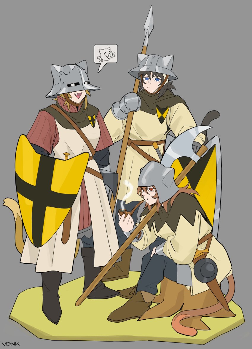 19vodnik absurdres animal_ears bardiche_(nanoha) bardiche_(weapon) blue_eyes buckler cat_ears cat_girl cat_tail fang gauntlets highres holding holding_weapon kettle_helm multiple_girls original polearm red_eyes shield short_hair sitting smile smoking_pipe soldier sword tail tree_stump weapon