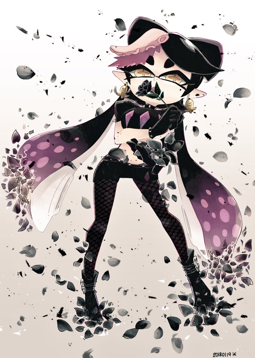 1girl black_flower black_gloves black_hair black_petals black_rose black_shirt black_shoes black_shorts bow bow-shaped_hair callie_(octo_idol_outfit)_(splatoon) callie_(splatoon) collar colored_skin cowlick crop_top dated earrings eye_mask eyelashes falling_petals flower full_body gloves gold_earrings high_contrast highres holding holding_flower jewelry leather leather_gloves long_hair looking_at_viewer midriff mole mole_under_eye multicolored_hair nintendo octopus_hair_ornament octopus_sausage_earrings okome_2g2g open_mouth outstretched_hand panties pantyhose petals pink_leaf pink_panties pink_shiso_leaf pointy_ears rose rose_petals shirt shoes short_shorts shorts simple_background solo spiked_collar spiked_waistband spikes splatoon_(series) splatoon_2 spotted_hair standing suction_cups symbol-shaped_pupils tentacle_hair twintails underwear very_long_hair white_background white_skin yellow_eyes
