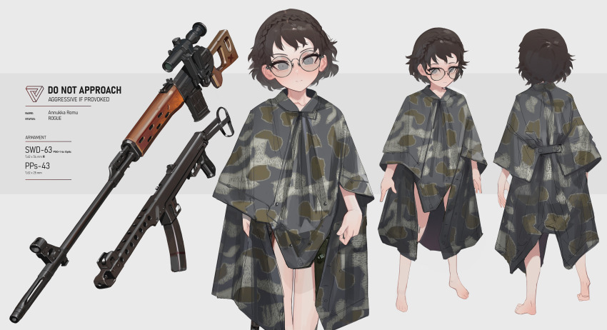 1girl absurdres annukka_romu barefoot brown_hair cloak commission dragunov_svd english_text full_body glasses grey_eyes gun highres looking_at_viewer multiple_views naked_cloak original polilla pps-43 rifle shirt sniper_rifle solo submachine_gun turnaround weapon