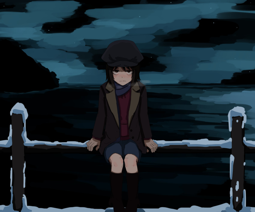 1girl :| annoyed black_boots black_hair black_hat black_sky blue_shorts blush boots brown_coat cabbie_hat closed_mouth cloud cloudy_sky coat commentary commission deadpan drawstring english_commentary feet_out_of_frame hand_on_railing hat highres hood hoodie jitome knee_boots kurokimoko light_blush long_sleeves looking_at_viewer mountainous_horizon nakahara_misaki nhk_ni_youkoso! night night_sky nose_blush ocean on_railing open_clothes open_coat outdoors purple_hoodie purple_scarf railing raised_eyebrow scarf short_hair shorts sitting sky snow solo star_(sky) starry_sky straight-on upturned_eyes winter winter_clothes