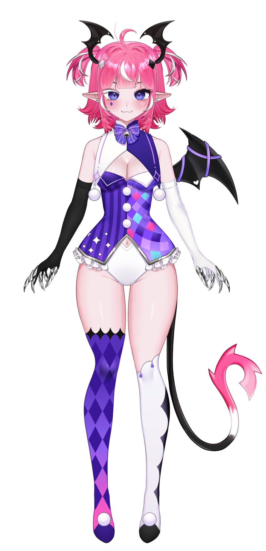 1girl :3 absurdres ahoge argyle asymmetrical_gloves asymmetrical_legwear bare_shoulders bell black_choker blunt_bangs blush bodice bow bowtie breasts camila_(vtuber) choker closed_mouth clothing_cutout colored_eyelashes demon_girl demon_tail diamond-shaped_pupils diamond_(shape) diamond_facial_mark ear_piercing facial_mark fang frills full_body gloves hair_ornament head_wings heart heart_facial_mark highres imp indie_virtual_youtuber legs long_glove looking_at_viewer medium_hair mismatched_gloves mismatched_legwear multicolored_hair navel navel_cutout navel_peek one_wing piercing pink_hair pink_tail pointy_ears pom_pom_(clothes) purple_bow purple_bowtie purple_eyes purple_ribbon purple_thighhighs ribbon sidelocks skin_fang small_breasts solo streaked_hair symbol-shaped_pupils tail thigh_gap thighhighs thighs two_side_up virtual_youtuber white_background white_hair white_streaks white_thighhighs wings