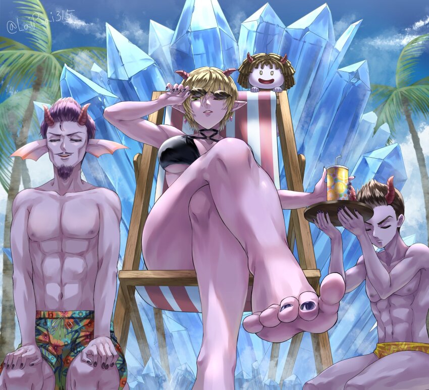 2boys 2girls 888666 barefoot beltro_(dq10) bikini black_bikini black_nails blonde_hair blue_sky breasts brown_hair character_request closed_eyes cloud collarbone colored_eyelashes colored_skin commentary_request crossed_legs cup demon_boy demon_girl dragon_quest dragon_quest_x drinking_straw earrings facial_hair fins floral_print food_print foot_focus from_below fruit_print goatee green_eyes head_fins highres holding holding_tray horns ice jair_(dq10) jewelry large_breasts lemon_print looking_at_viewer looking_down male_swimwear multiple_boys multiple_girls muscular muscular_male mustache nail_polish navel nipples one_eye_covered open_mouth outdoors palm_tree parted_lips pink_horns pointy_ears purple_hair purple_skin removing_eyewear seiza short_hair sitting sky smile sunglasses swim_trunks swimsuit toenail_polish toenails topless_male tray tree twitter_username underboob valeria_(dragon_quest) yellow_male_swimwear