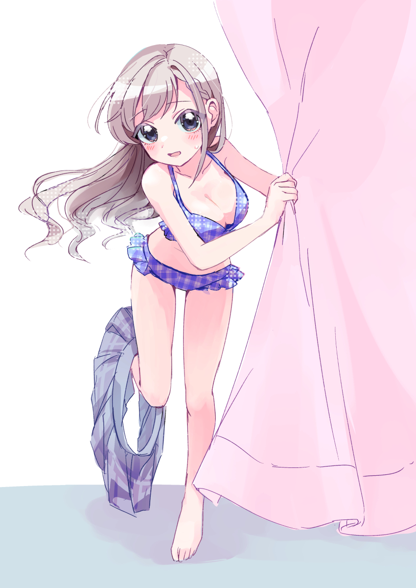 1girl absurdres bikini blue_bikini blush braid braided_bangs breasts cleavage commentary_request curtain_grab curtains floating_hair frilled_bikini frills full_body grey_eyes grey_hair highres hisakawa_hayate idolmaster idolmaster_cinderella_girls kanipoposu long_hair looking_at_viewer medium_breasts open_mouth single_sidelock skirt solo standing standing_on_one_leg swimsuit undressing unworn_skirt very_long_hair