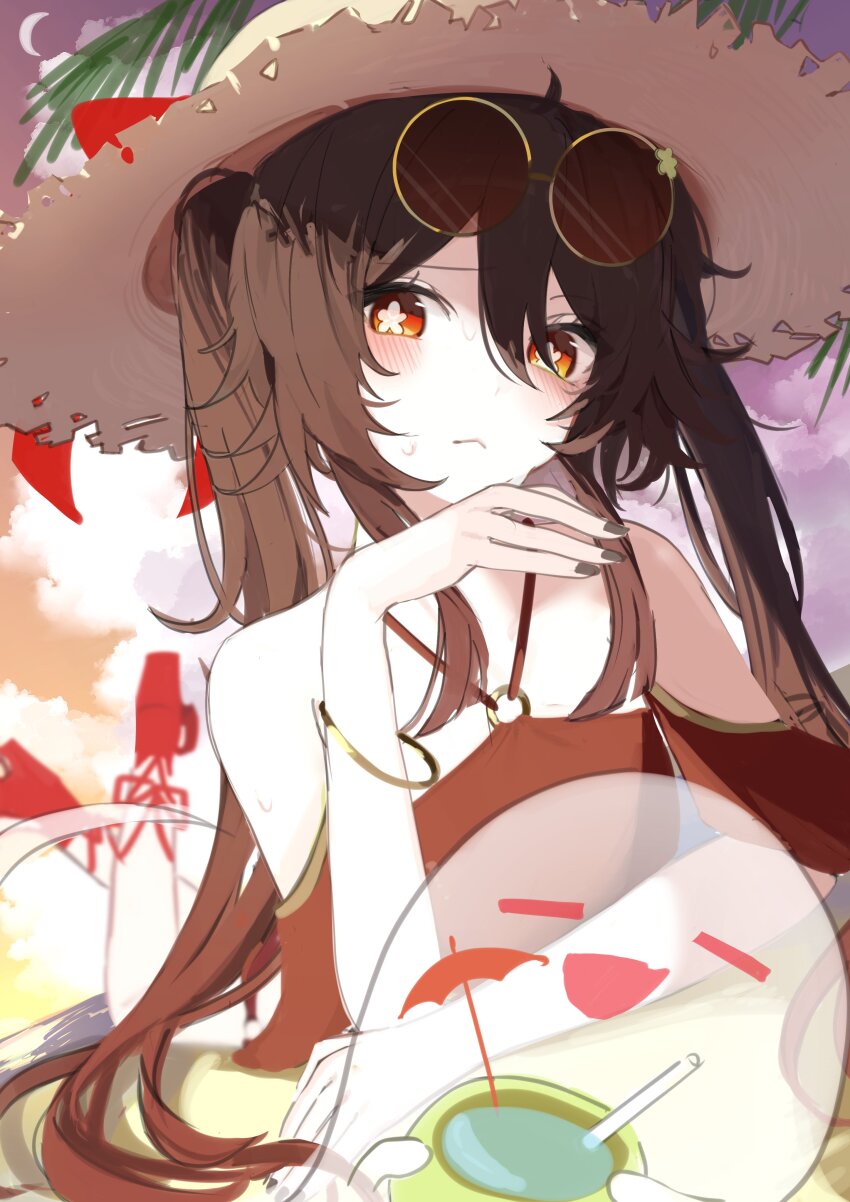 1girl absurdres alternate_costume black_nails boo_tao_(genshin_impact) cup drinking_straw flower-shaped_pupils genshin_impact glasses hat highres hu_tao_(genshin_impact) long_hair looking_at_viewer magnet_8_8 red_eyes red_shoes shoes swimsuit symbol-shaped_pupils umbrella