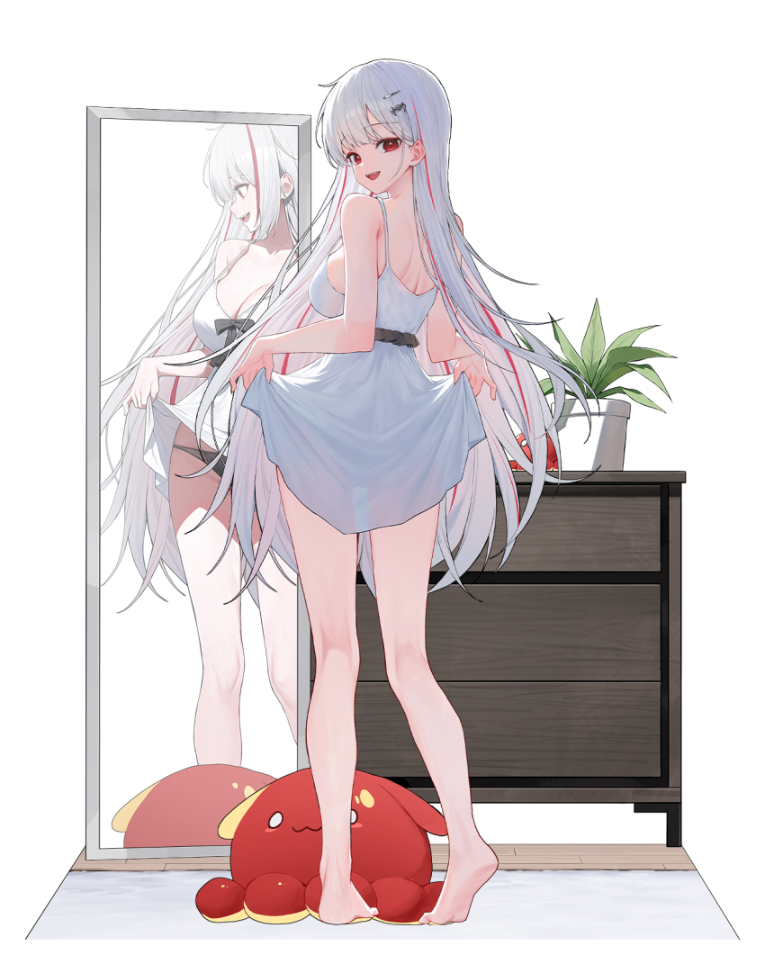 1girl akane_lize_(cosplay) back bare_arms bare_legs bare_shoulders barefoot black_panties breasts cleavage clothes_lift commentary_request cosplay dress dress_lift from_behind full_body highres huhi_(huhi_1211) korean_commentary large_breasts lifting_own_clothes long_hair looking_at_viewer looking_back mirror multicolored_hair neneko_mashiro open_mouth panties pienna_(akane_lize) red_eyes reflection sleeveless sleeveless_dress smile solo spaghetti_strap standing stellive streaked_hair thighs underwear very_long_hair virtual_youtuber white_dress white_hair
