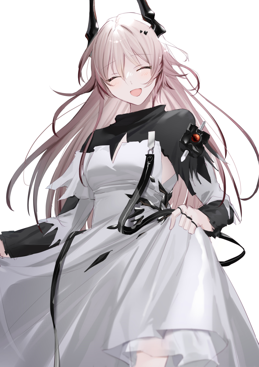 1girl absurdres arknights blush closed_eyes demon_horns dress highres horns jewelry long_dress long_hair long_sleeves matsuzaka_(matsuzakagyu_29) open_mouth pink_hair ring skirt_hold solo theresa_(arknights)