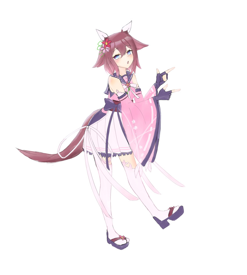 1girl absurdres animal_ears armpits bare_shoulders beautifulinsnow black_gloves blue_eyes bow breasts chikattochikachika_(kaguya-sama_wa_kokurasetai) clenched_hand collarbone commentary_request detached_sleeves ear_covers ear_ornament fingerless_gloves flipped_hair flower full_body gloves grey_background hair_between_eyes hair_flaps hair_flower hair_ornament highres horse_ears horse_girl horse_tail long_sleeves looking_at_viewer medium_breasts medium_hair okobo open_mouth platform_sandals pleated_skirt sakura_chiyono_o_(umamusume) sandals skirt smile solo standing tail teeth thighhighs umamusume upper_teeth_only white_skirt wide_sleeves