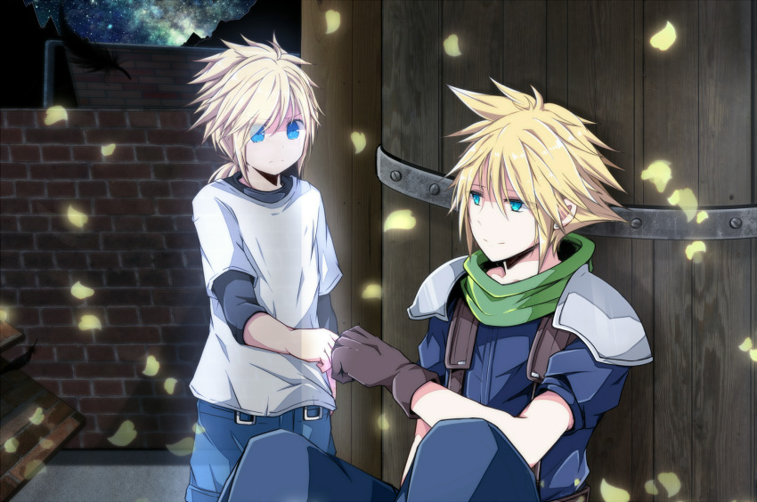 2boys age_comparison aqua_eyes armor black_shirt blonde_hair blue_eyes blue_pants blue_shirt brick_wall child closed_mouth cloud_strife falling_petals final_fantasy final_fantasy_vii final_fantasy_vii_remake fist_bump green_scarf highres light_smile low_ponytail male_focus multiple_boys nanao_(zonzonsh) night night_sky pants pauldrons petals ponytail scarf see-through_body shirt shirt_under_shirt short_hair short_ponytail shoulder_armor sitting sky spiked_hair spirit t-shirt white_shirt yellow_petals