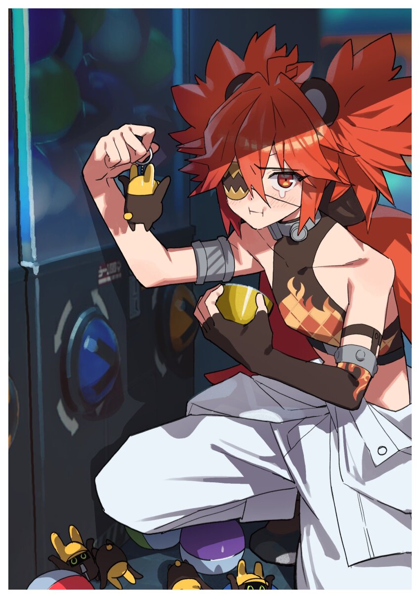 1girl :i animal_ears arm_up armlet asymmetrical_gloves bare_shoulders bear_ears blush border brown_gloves brown_shirt character_charm charm_(object) closed_mouth commentary crop_top crying dot_nose eyepatch fake_animal_ears fingerless_gloves flame_print gachop99 gashapon gloves hand_up highres holding holding_charm jewelry jumpsuit jumpsuit_around_waist koleda_belobog long_hair looking_at_viewer midriff pout red_eyes red_hair safety_(zenless_zone_zero) shirt solo spiked_hair squatting symbol-only_commentary teardrop twintails white_border white_jumpsuit zenless_zone_zero