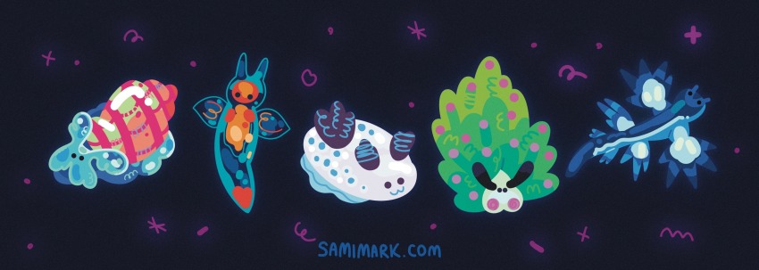 :3 animal animal_focus chibi chibi_only commentary english_commentary full_body heart highres no_humans no_lineart original samimark sea_angel sea_bunny sea_slug shell simple_background solid_circle_eyes watermark web_address