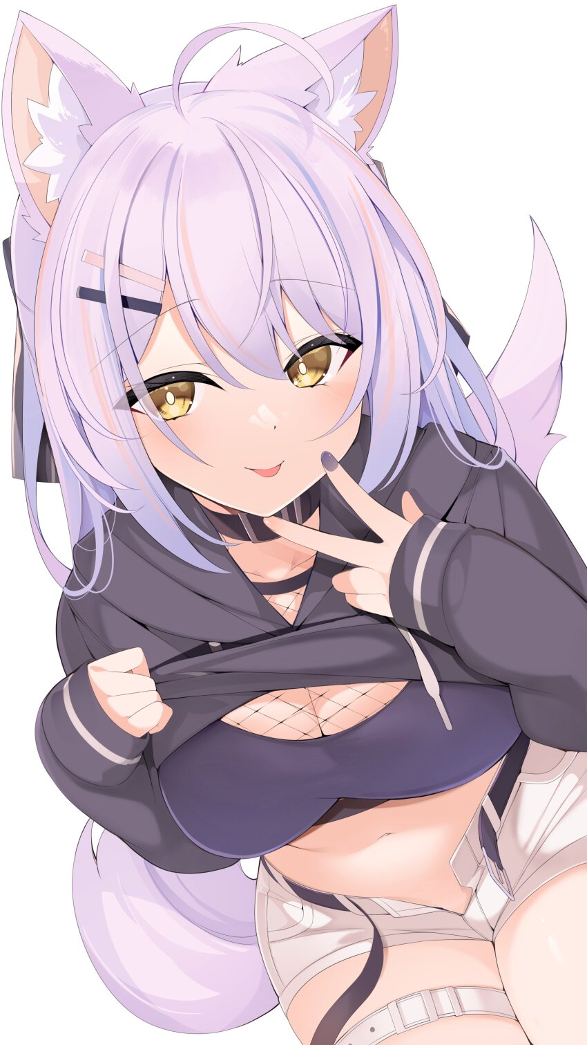 1girl absurdres ahoge animal_ear_fluff animal_ears artist_request belt black_choker black_hoodie black_shirt bow breasts bright_pupils choker cleavage closed_mouth clothes_lift commentary_request cowboy_shot crop_top fishnets hair_bow hair_ornament hairclip half_updo highres hood hood_down hoodie hoodie_lift indie_virtual_youtuber large_breasts leaning_forward lifting_own_clothes long_hair long_sleeves looking_at_viewer midriff multicolored_hair multicolored_nails nail_polish navel open_belt open_fly second-party_source shachikuzu_kareha shirt short_shorts shorts simple_background smile solo stomach streaked_hair tail thigh_belt thigh_strap tongue tongue_out undershirt v virtual_youtuber white_background white_hair white_shorts wolf_ears wolf_girl wolf_tail yellow_eyes