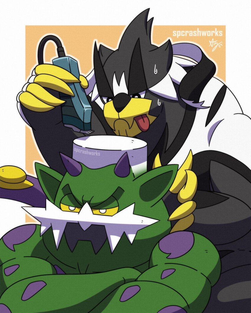 2024 2boys artist_name black_fur claws concentrating crossed_arms cutting_hair fangs gen_5_pokemon gen_8_pokemon grabbing_from_behind highres legendary_pokemon multiple_boys muscular nintendo no_humans pectorals pokemon pokemon_(creature) simple_background spcrashworks standing supreme_(brand) sweat tongue tongue_out tornadus tornadus_(incarnate) urshifu urshifu_(rapid)