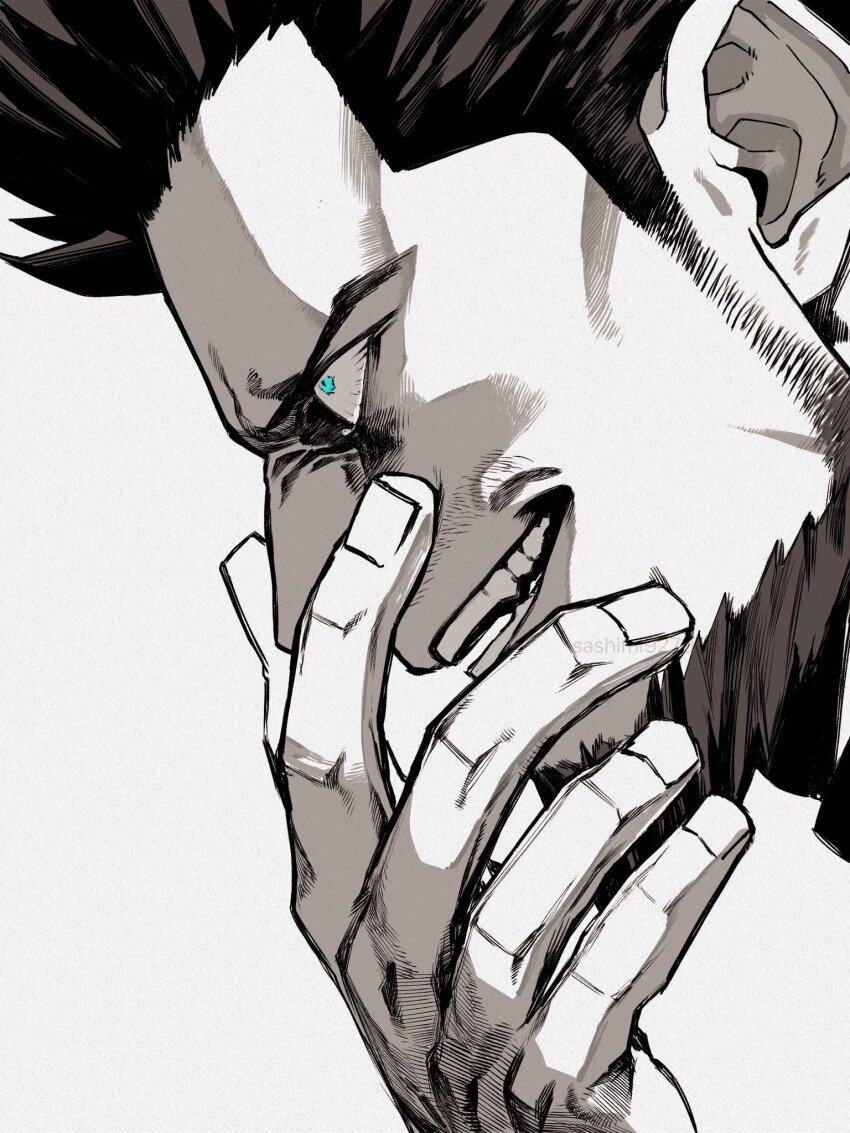 1boy beard bloodshot_eyes blue_eyes boku_no_hero_academia endeavor_(boku_no_hero_academia) facial_hair greyscale hand_over_face highres looking_ahead male_focus mature_male monochrome profile sanpaku sashimi_oran short_hair sideburns sideburns_stubble solo spiked_hair spot_color stubble thick_beard tsurime