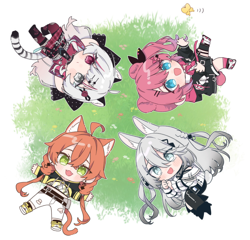 4girls :d absurdres ahoge animal_ears asymmetrical_legwear bear_ears bear_girl bear_tail black_jacket black_necktie blue_eyes blush bow braid cat_ears cat_girl cat_tail chibi choker closed_mouth collared_shirt commentary crop_top crossed_bangs dress_shirt earrings fangs fishnets green_eyes grey_eyes grey_hair hair_between_eyes hair_bow hair_ornament half_updo heterochromia highres ishigami_nozomi ishigami_nozomi_(1st_costume) jacket jewelry kashikaze kemonomimi_mode kuramochi_meruto kuramochi_meruto_(1st_costume) long_hair long_sleeves looking_at_viewer lying midriff midriff_peek mole mole_under_mouth multicolored_hair multiple_girls neck_ribbon necktie nijisanji on_back open_mouth orange_hair outline pants pink_hair pink_ribbon plaid_clothes plaid_skirt pleated_skirt polka_dot polka_dot_bow rabbit_ears rabbit_girl rabbit_tail raccoon_ears raccoon_girl raccoon_tail red_eyes red_hair red_shirt red_skirt red_thighhighs ribbon shirt shishido_akari shishido_akari_(1st_costume) short_sleeves side_ponytail skirt smile sophia_valentine sophia_valentine_(1st_costume) spiked_choker spikes streaked_hair stud_earrings tail thighhighs twin_braids virtual_youtuber white_hair white_jacket white_outline white_pants white_shirt zipper_pull_tab