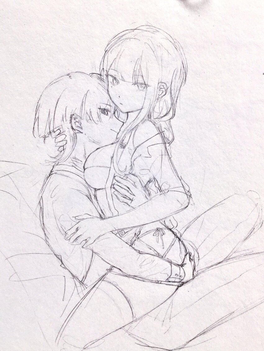 1boy 1girl alternate_costume blunt_bangs blunt_ends breasts closed_mouth expressionless eyelashes genshin_impact graphite_(medium) hand_on_another&#039;s_arm hand_on_another&#039;s_ass hand_on_another&#039;s_back hand_on_another&#039;s_nape highres hug huiyue1016 incest large_breasts lingerie long_hair long_sleeves looking_at_viewer low-braided_long_hair low-tied_long_hair mole mole_under_eye mother_and_son off_shoulder panties pants raiden_shogun scaramouche_(genshin_impact) shirt side-tie_panties sideways_mouth single_sidelock sitting sleeve_cuffs smile straddling thighhighs traditional_media tsurime underwear upright_straddle