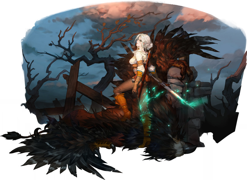 1girl absurdres bare_tree belt_pouch boots border brown_boots brown_corset brown_gloves brown_pants captain_morgan_pose ciri cloud corset game_cg gloves green_eyes griffon hair_bun high_heel_boots high_heels highres holding holding_sword holding_weapon light_smile long_hair non-web_source official_art pants pouch profile scar scar_on_face solo sword sword_of_convallaria the_witcher_(series) the_witcher_3 transparent_border tree weapon white_hair witcher_medallion