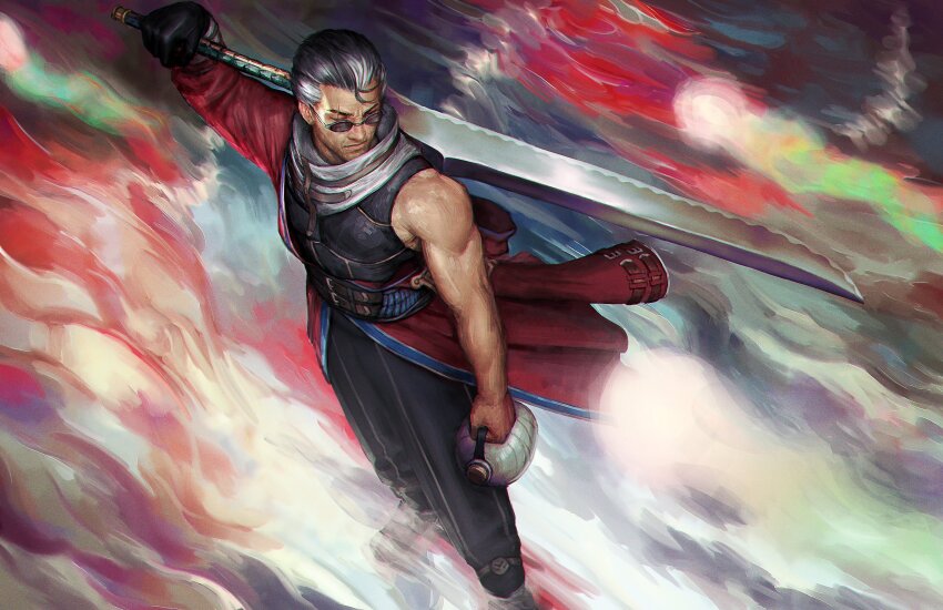 1boy absurdres auron coat commentary dorkartist english_commentary final_fantasy final_fantasy_x greatsword grey_hair high_collar highres holding holding_sword holding_weapon looking_down one-eyed portrait red_coat scar scar_across_eye scar_on_face short_hair solo sunglasses sword weapon