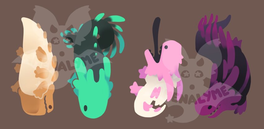 amenalyme black_eyes black_tongue brown_background brown_eyes brown_scales caramel_lizard_(rain_world) character_watermark commentary creature dragon eel_lizard_(rain_world) english_commentary green_scales highres lizard lizard_(rain_world) long_tail monster no_humans open_mouth pink_scales purple_scales rain_world strawberry_lizard_(rain_world) tail tongue tongue_out train_lizard_(rain_world) watermark