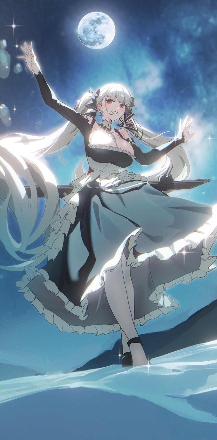 1girl absurdres arm_up azur_lane black_dress breasts cleavage commentary_request dress formidable_(azur_lane) frilled_dress frills full_moon grey_hair hair_ornament highres large_breasts long_hair moon night night_sky outdoors red_eyes sky smile solo sparkle sparkling_aura standing twintails very_long_hair yuyiosang