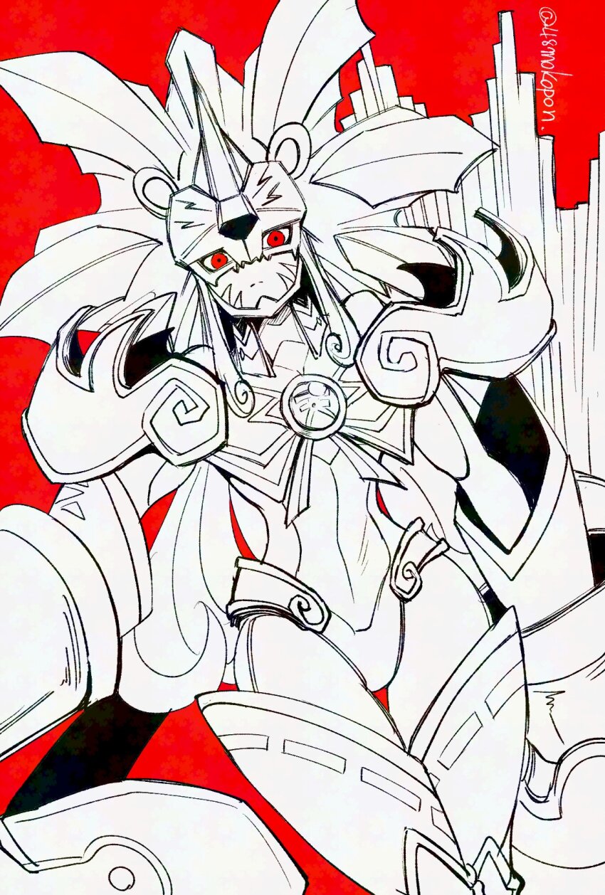 1girl 48mokopon amaterasumon bodysuit breasts claw_(weapon) cowboy_shot digimon digimon_(creature) gauntlets greyscale_with_colored_background highres horns red_background red_eyes simple_background single_horn solo twitter_username weapon