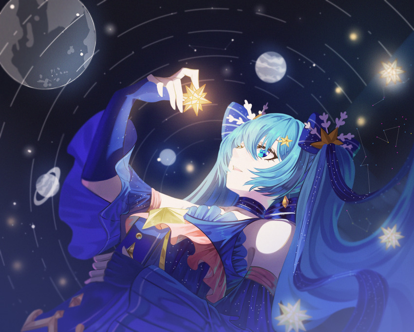 1girl bare_shoulders blue_dress blue_eyes blue_gloves blue_hair bow choker constellation detached_sleeves dress fingerless_gloves frills gloves hair_between_eyes hair_ornament hair_ribbon hatsune_miku highres holding long_hair looking_to_the_side lying on_back open_mouth planet ribbon ribbon_choker snowflake_hair_ornament solo space star_(sky) star_(symbol) star_hair_ornament starry_sky_background starry_sky_print striped_ribbon theazureciel twintails vocaloid yuki_miku yuki_miku_(2017)
