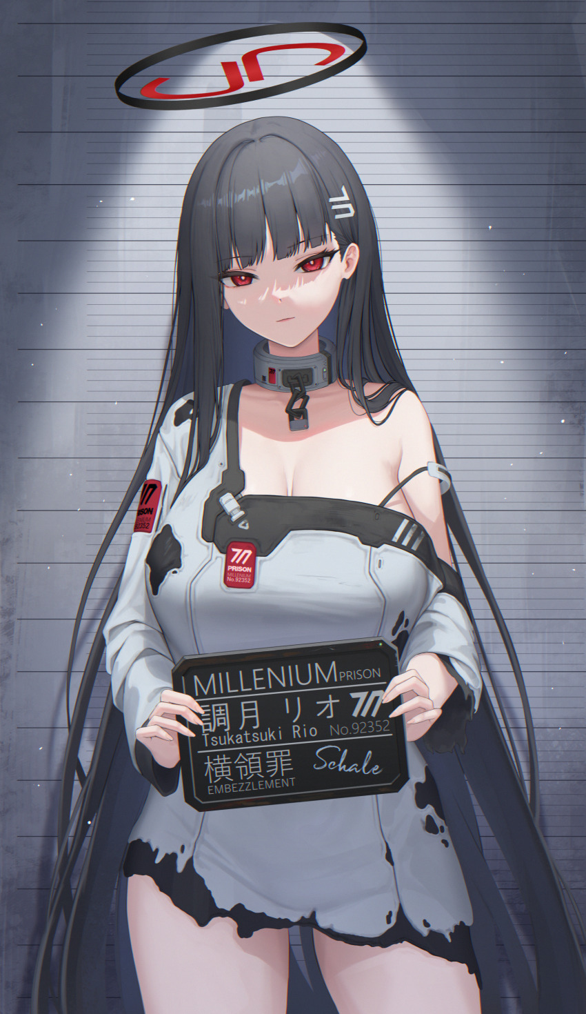 1girl absurdres alternate_costume black_hair blue_archive breasts character_name closed_mouth cowboy_shot dress hair_ornament hairpin halo highres holding large_breasts long_hair long_long_life long_sleeves looking_at_viewer mugshot red_eyes rio_(blue_archive) solo white_dress