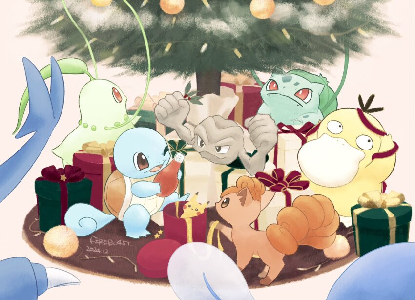 black_eyes brown_eyes bulbasaur chikorita christmas christmas_ornaments christmas_tree dated fireblast gen_1_pokemon gen_2_pokemon geodude gift heracross highres holding ketchup_bottle nintendo no_humans pikachu pokemon pokemon_(creature) poliwag psyduck red_eyes ribbon smile squirtle vulpix