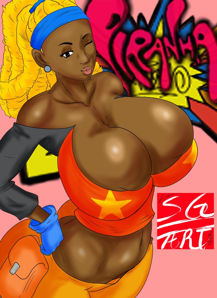 1girl artist_name ass bandana bare_shoulders blonde_hair boogie_(jsr) breasts brown_eyes cleavage curly_hair dark-skinned_female dark_skin forehead gloves highres hip_bones huge_breasts jet_set_radio jet_set_radio_future long_hair midriff navel one_eye_closed piranha_(jsr) ponytail sega sg_yusuke shiny_skin thick_lips wink