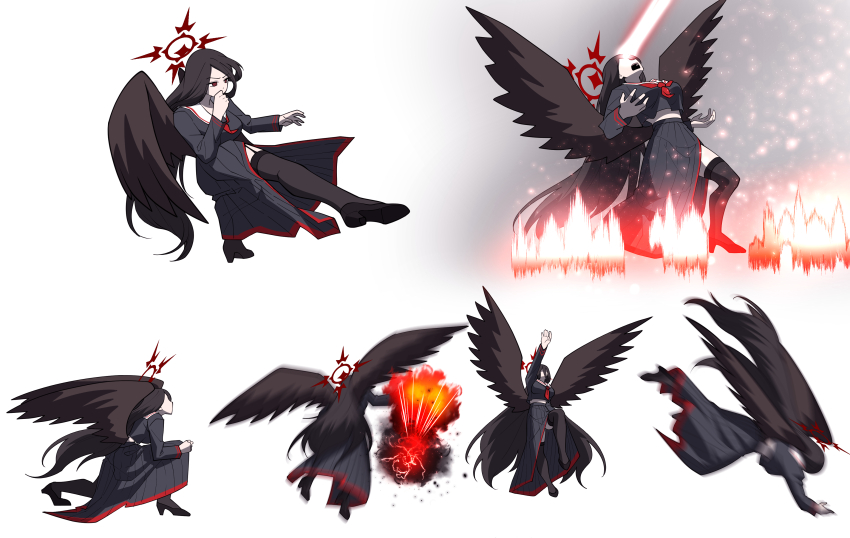 1girl absurdres attack black_footwear black_hair black_serafuku black_shirt black_skirt black_thighhighs black_wings blue_archive breasts commentary_request dive easel_(djeasel) explosion eye_beam feathered_wings fighting_game halo hasumi_(blue_archive) high_heels highres jumping kicking korean_commentary large_breasts light_particles long_hair long_skirt long_sleeves motion_blur multiple_views neckerchief parody pleated_skirt red_eyes red_neckerchief school_uniform serafuku shirt side_slit simple_background skirt sprite_sheet squatting tekken tekken_8 thighhighs uppercut v-shaped_eyebrows very_long_hair white_background wings