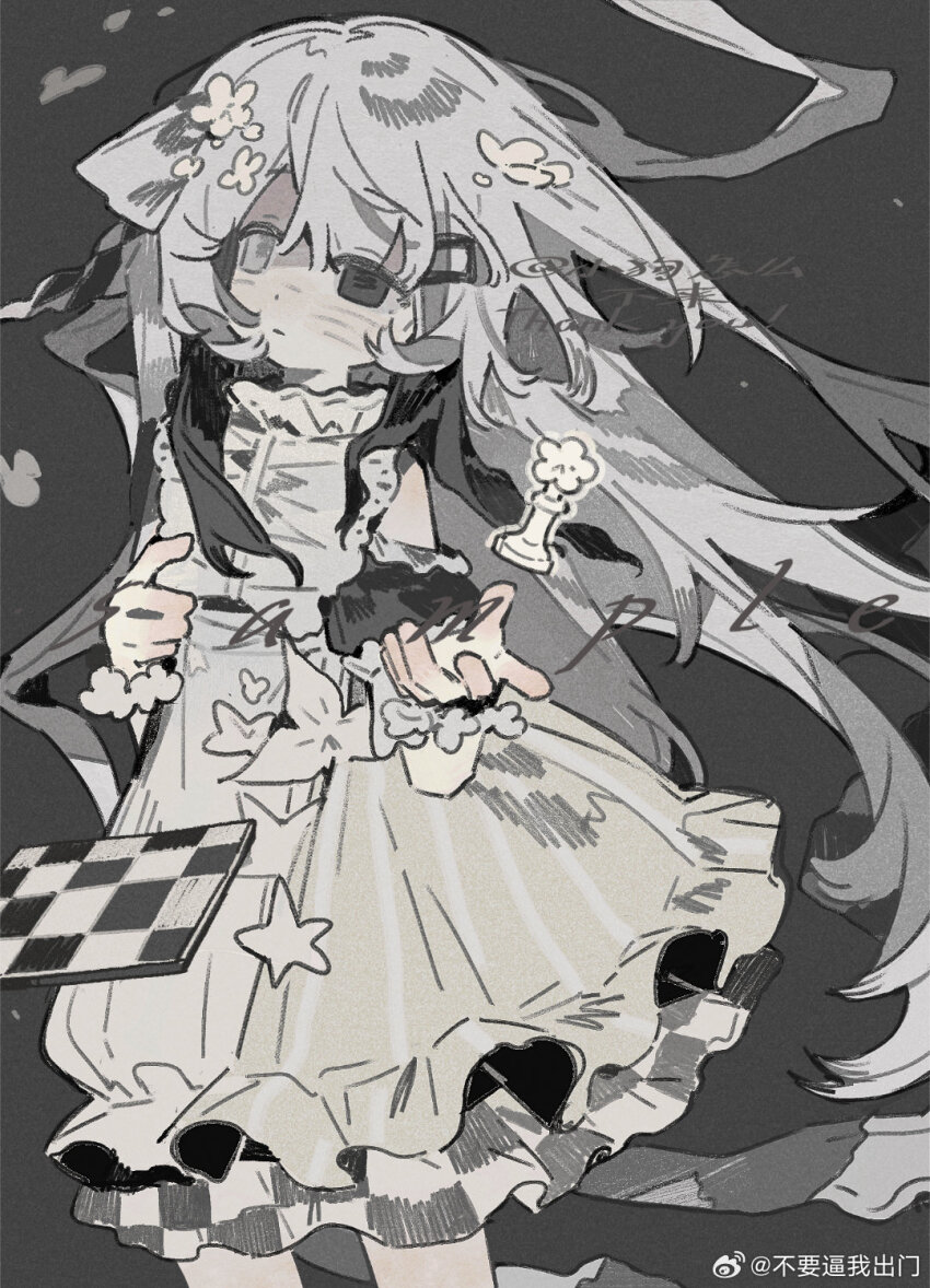 1girl black_eyes blush board_game chess chessboard dress flower highres long_hair multicolored_hair original watermark weibo_6992685970 weibo_watermark white_dress white_eyes white_flower white_hair