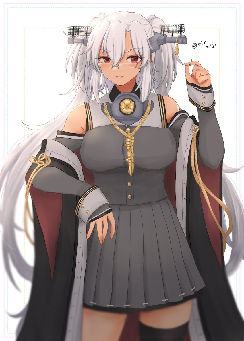 1girl adapted_costume alternate_costume black_nails breasts brown_eyes coat cosplay dark-skinned_female dark_skin detached_sleeves glasses gloves grey-framed_eyewear hair_between_eyes headgear highres kantai_collection large_breasts light_brown_hair musashi_(kancolle) musashi_kai_ni_(kancolle) partially_fingerless_gloves pointy_hair rectangular_eyewear rimless_eyewear rin_(rin_niji) sakuramon semi-rimless_eyewear shirt short_hair_with_long_locks single_thighhigh skirt sleeveless sleeveless_shirt solo thighhighs twintails twitter_username two_side_up yamato_(kancolle) yamato_(kancolle)_(cosplay)