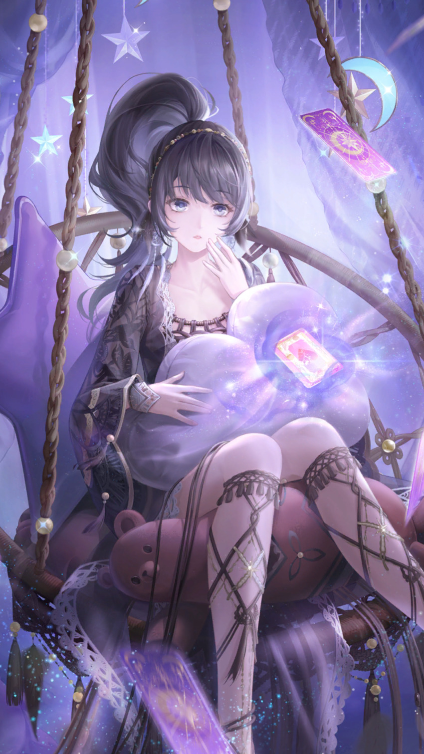 1girl absurdres artist_request asymmetrical_skirt barefoot_sandals_(jewelry) beads black_hair black_jacket black_skirt blue_eyes breasts card cleavage cloud collarbone crescent curtains dot_nose dreamscape_starlight_(shining_nikki) earrings eyelashes feather_earrings feathers feet_out_of_frame floating_card game_cg glowing hair_beads hair_ornament hairband hammock hand_on_own_cheek hand_on_own_face high_side_ponytail highres holding holding_pillow indoors jacket jewelry lace lace-trimmed_jacket lace-trimmed_skirt lace_jacket lace_trim light_blush light_frown light_particles lipstick long_hair long_skirt long_sleeves looking_at_object makeup nikki_(series) official_alternate_color official_art on_hammock open_clothes open_jacket parted_lips pillow pink_lips pleated_skirt priestess_tess_(shining_nikki) rope see-through_clothes see-through_jacket shining_nikki sitting skirt solo sparkle star-shaped_pillow star_(symbol) stuffed_animal stuffed_toy surprised tarot tarot_card tassel teddy_bear wide_sleeves wrist_cuffs yellow_wrist_cuffs